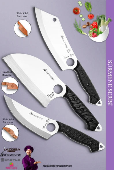 Sürmene Serisi Outdoor Bıçak Kamp Bıçağı Mutfak Şef Bıçak Bıçağı Deri Kılıflı 3 Lü Set (OUT-021)