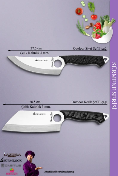 Sürmene Serisi Outdoor Bıçak Kamp Bıçağı Mutfak Şef Bıçak Bıçağı Deri Kılıflı 2 Li Set (Out-020) - 3