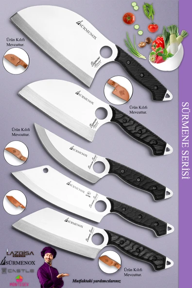 Sürmene Serisi Outdoor Bıçak Kamp Bıçağı Mutfak Şef Bıçak Bıçağı Deri Kılıflı 5 Li Set (Out-024)