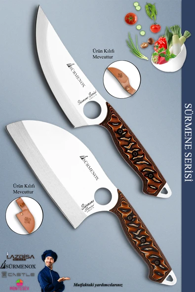 Sürmene Serisi Outdoor Bıçak Kamp Bıçağı Mutfak Şef Bıçak Bıçağı Deri Kılıflı 2 Li Set (Out-030)