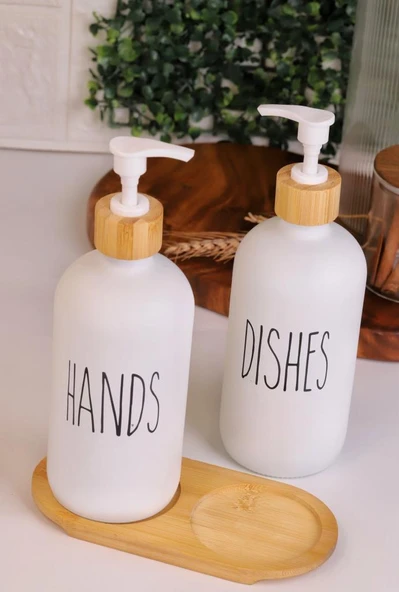 2’li Beyaz Mutfak Sıvı Sabunluk Seti 500ml+500ml Bambu Standlı - 2