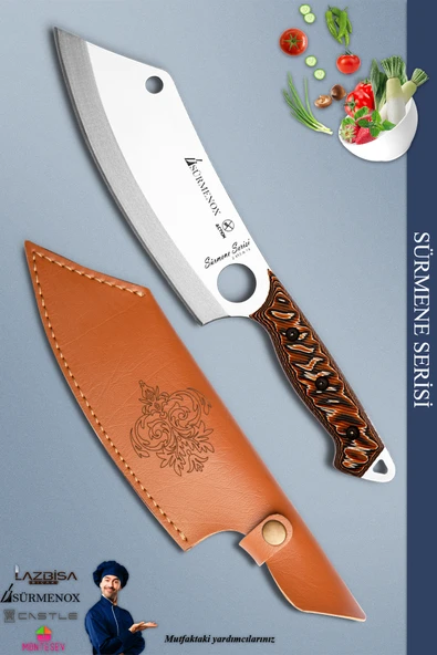 Sürmene Serisi Outdoor Bıçak Kamp Bıçağı Mutfak Şef Bıçak Bıçağı Deri Kılıflı Kahverengi (OUT-027)