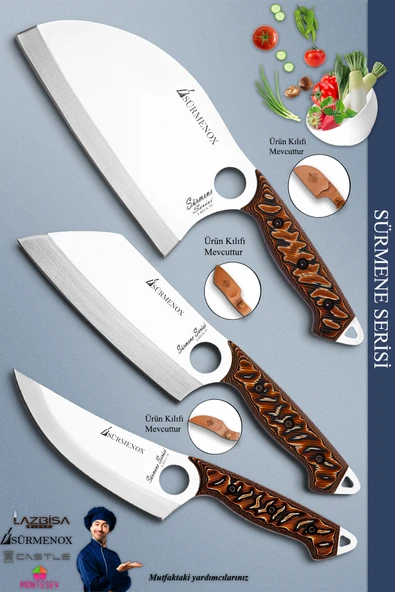 Sürmene Serisi Outdoor Bıçak Kamp Bıçağı Mutfak Şef Bıçak Bıçağı Deri Kılıflı 3 Lü Set (Out-034)