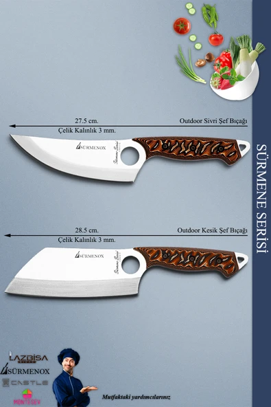 Sürmene Serisi Outdoor Bıçak Kamp Bıçağı Mutfak Şef Bıçak Bıçağı Deri Kılıflı 2 Li Set (Out-032) - 3