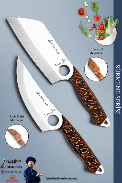 Sürmene Serisi Outdoor Bıçak Kamp Bıçağı Mutfak Şef Bıçak Bıçağı Deri Kılıflı 2 Li Set (Out-032)