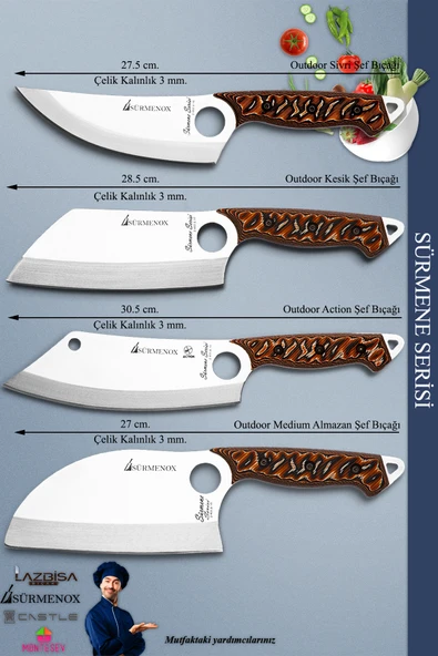 Sürmene Serisi Outdoor Bıçak Kamp Bıçağı Mutfak Şef Bıçak Bıçağı Deri Kılıflı 4 Lü Set (Out-035) - 3