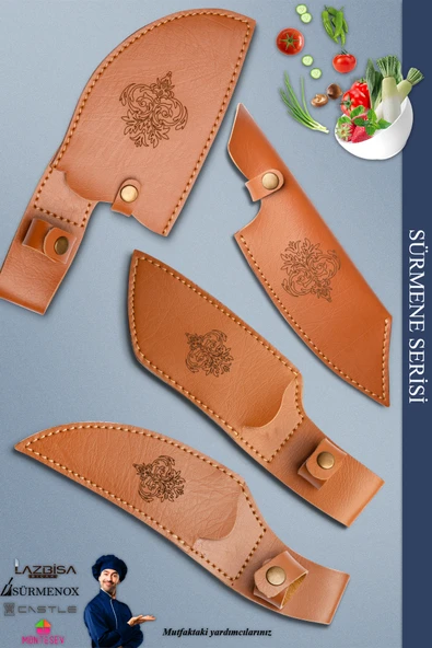 Sürmene Serisi Outdoor Bıçak Kamp Bıçağı Mutfak Şef Bıçak Bıçağı Deri Kılıflı 4 Lü Set (Out-035) - 2