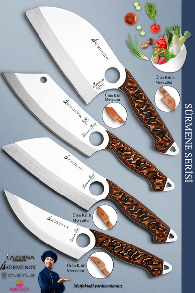 Sürmene Serisi Outdoor Bıçak Kamp Bıçağı Mutfak Şef Bıçak Bıçağı Deri Kılıflı 4 Lü Set (Out-035)