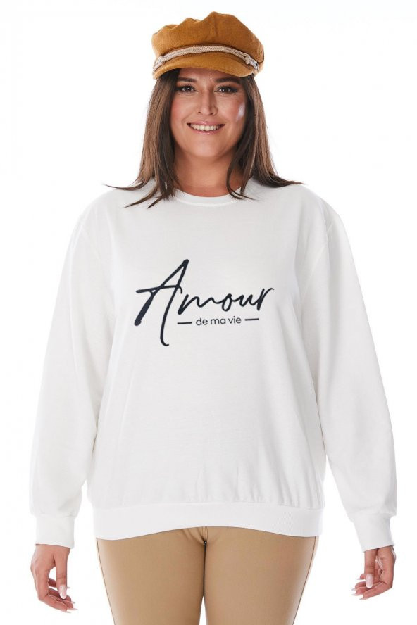 Büyük Beden Ekru Amour Baskılı Yanları Yırtmaçlı Sweatshirt