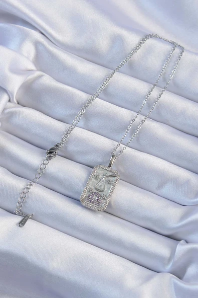 316L Çelik Zincir Gümüş Renk Lila Zirkon Taşlı Tarot Kolye - TJ-BKO9238 - 2