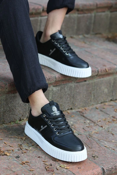 Zeno Siyah Beyaz Garantili Dikişli Kalın Taban Bağcıklı Erkek Ortopedik Günlük Sneaker Spor Ayakkabı - 2