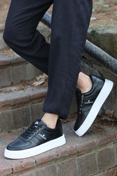 Zeno Siyah Beyaz Garantili Dikişli Kalın Taban Bağcıklı Erkek Ortopedik Günlük Sneaker Spor Ayakkabı - 3