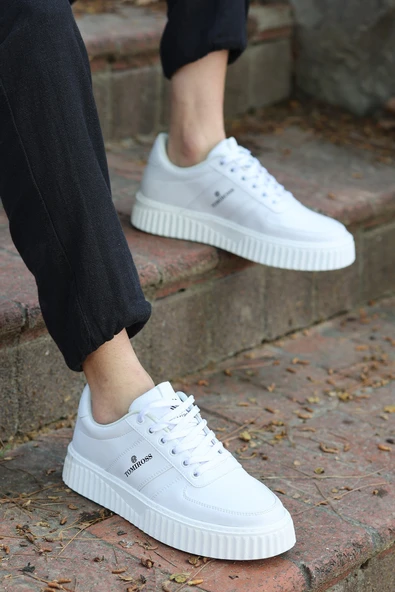 Zeno Beyaz Beyaz Garantili Dikişli Kalın Taban Bağcıklı Erkek Ortopedik Günlük Sneaker Spor Ayakkabı - Resim 2