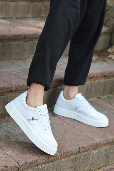 Zeno Beyaz Beyaz Garantili Dikişli Kalın Taban Bağcıklı Erkek Ortopedik Günlük Sneaker Spor Ayakkabı ürün görseli
