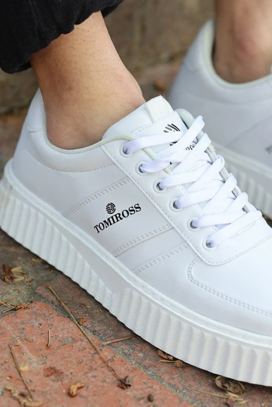 Zeno Beyaz Beyaz Garantili Dikişli Kalın Taban Bağcıklı Erkek Ortopedik Günlük Sneaker Spor Ayakkabı - 4