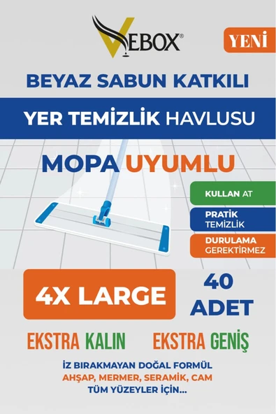 VEBOX BEYAZ SABUN KATILI MOP UYUMLU YER TEMİZLİK HAVLUSU MOP 40 AD