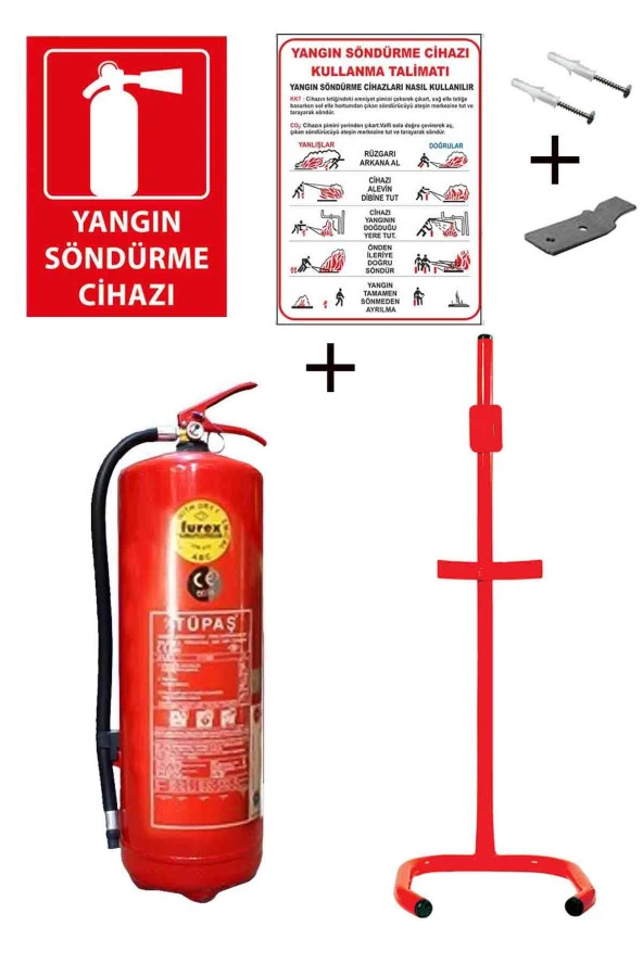 6KG TÜPAŞ YANGIN TÜPÜ,YANGIN TÜPÜ KULLANIM TALİMATI, YANGIN TÜPÜ LEVHASI, ASKI APARATI, DÜBEL VİDA VE C TİPİ SEHPA 6LI SET