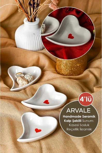 ARVALE 4 'lü El Yapımı Seramik Kalp Tasarım Kahve Yanı Lokumluk Reçellik Sunumluk Dekoratif Tabak