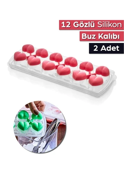ARVALE 12 Gözlü Kalpli Silikon Kalpli Buzluk Kalıbı Kapaklı
