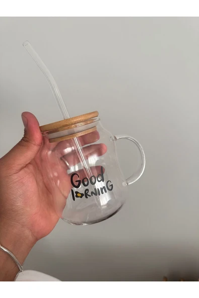ARVALE Good Morning Yazılı Pipet Hediyeli Bambu Kapaklı Kupa Bardak  Sütlük