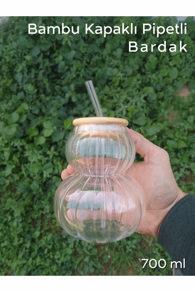 ARVALE Bambu Kapaklı Pipetli Jumbo Meşrubat Bardağı - Çizgili 700 ml