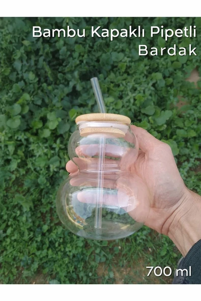 ARVALE Bambu Kapaklı Pipetli Jumbo Meşrubat Bardağı 700 ml