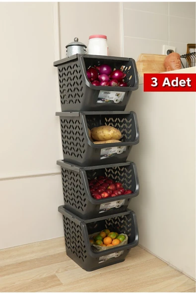 ARVALE 3 Adet Modüler Patates Soğan Sebze Düzenleyici Organizer | Kapaklı Sebzelik Organizeri 29x32x25 Cm