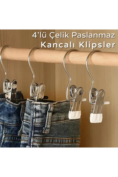 ARVALE 4'lü Çelik Paslanmaz Kancalı Klipsleri | Mandallı Kanca