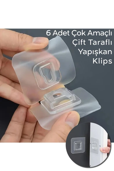 ARVALE 6 Adet Çift Taraflı Yapışkanlı Geçmeli Klips Eşya Sabitleme Askısı Şeffaf Duvar Kancası