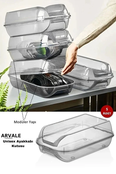 ARVALE Hava Alan Füme Kilit Kapak Unisex Ayakkabı Saklama Kutusu | Modüler Yapı | Ayakkabı Depolama-5 Adet