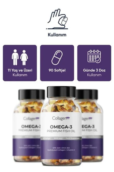 3 Adet Omega-3 Premium Fish Oil 90 Softgel X 1000mg, Balık Yağı, Hidrolize Kolajen - 2