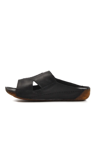 Aspor Siyah Hakiki Deri Kadın Düz Terlik - Resim 2