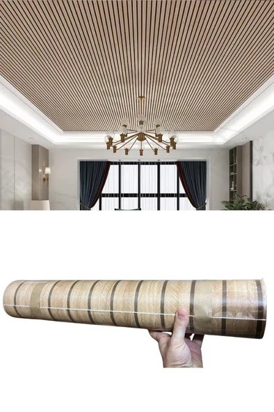 Renkli Duvarlar 60cm x 280cm 1 Adet Kendinden Yapışkanlı Açık Kahverengi Lambiri Desenli Duvar Paneli Kağıdı YG005 - Resim 3