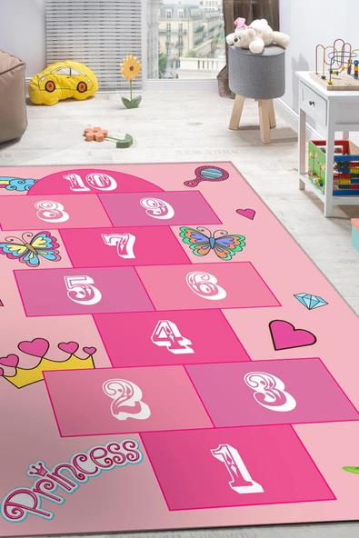 Frenda Home Seksek Desenli Kaymaz Deri Taban Çocuk Odası Ve Anaokulu Halısı  PEMBE 80X150
