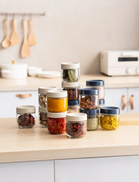 Pinmoo Airtight Baharatlık- 3 lü Saklama Kabı Cam- Bej kapak