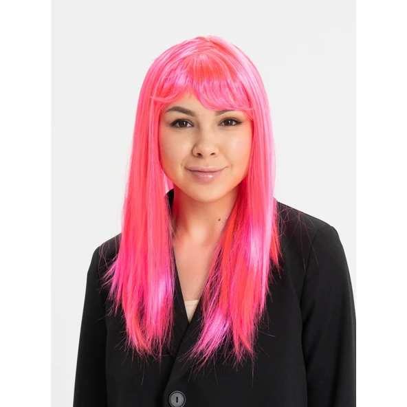 Şeker Pembesi Koyu Pembe Renk Uzun Düz Parti Peruğu