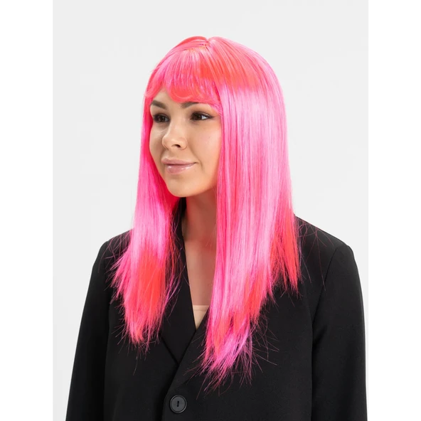 Şeker Pembesi Koyu Pembe Renk Uzun Düz Parti Peruğu - 3