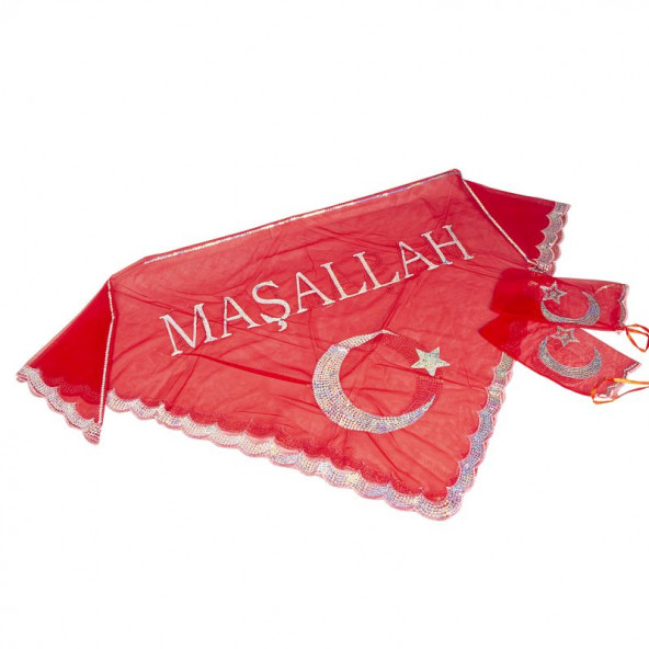 Kırmızı MaşaAllah Yazılı Kına Örtüsü Duvak Set - 1