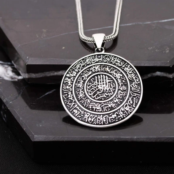 Ayetel Kürsi Yazılı Gümüş Erkek Cevşen Kolye