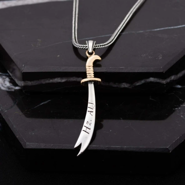 Ya Ali Yazılı Hz. Ali Kılıcı Zülfikar Kılıcı Gümüş Erkek Kolye - 2