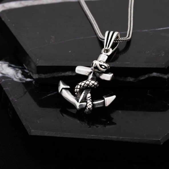 Yılan Motifli Çapa Gümüş Erkek Kolye - 2
