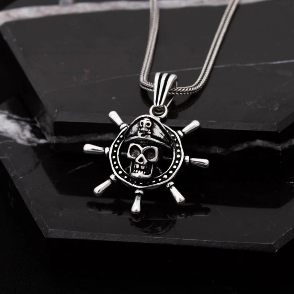 Kurukafa Motifli Gemici Dümeni Gümüş Erkek Kolye