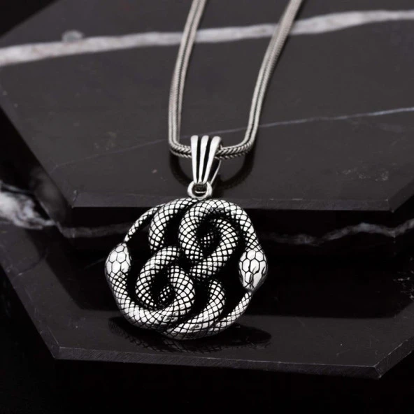 Yılan Motifli Gümüş Erkek Kolye - 2