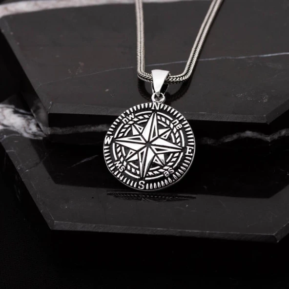 Karartmalı Pusula Gümüş Erkek Kolye