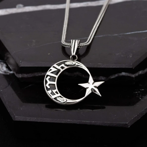 Göktürkçe Türk Yazılı Ayyıldız Gümüş Erkek Kolye - 2