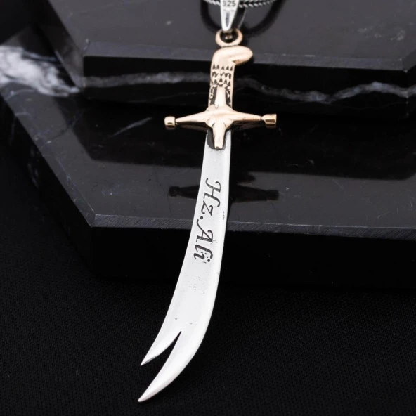 Ya Ali Yazılı Zülfikar Kılıcı Gümüş Erkek Kolye - 4