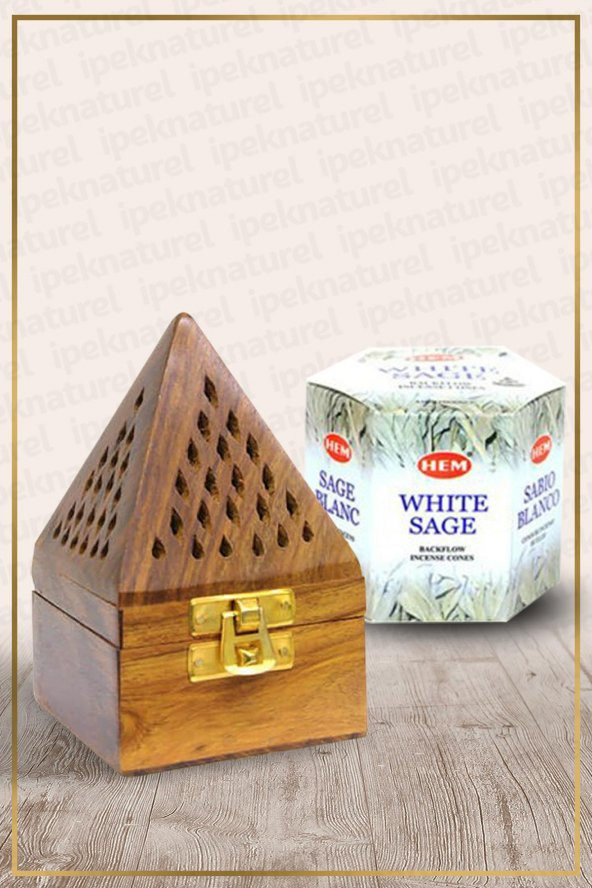 Ahşap Piramit Konik Tütsü Yakma Kutusu Ve White Sage Konik Tütsü 40 Adet