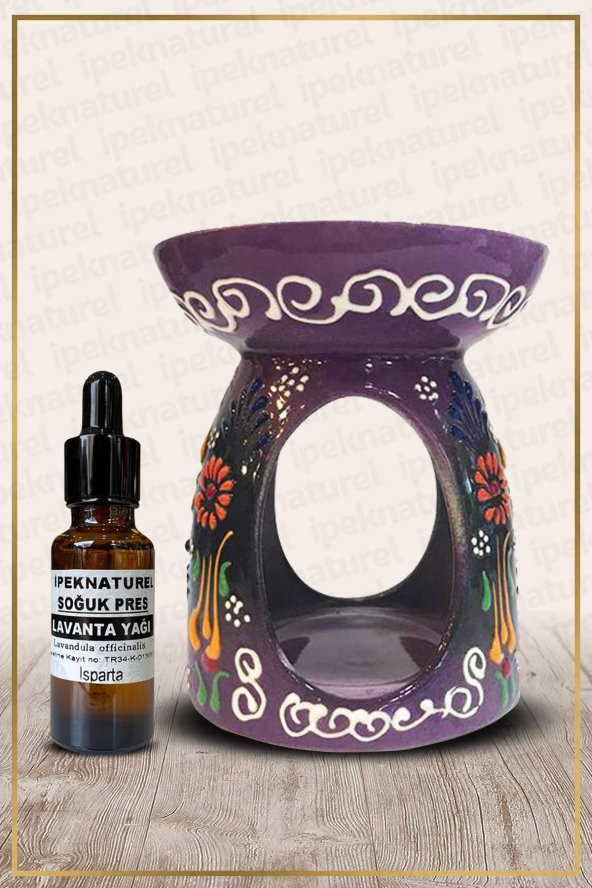 Nakış İşlemeli Seramik Buhurdanlık Mor ve Lavanta Yağı Setli