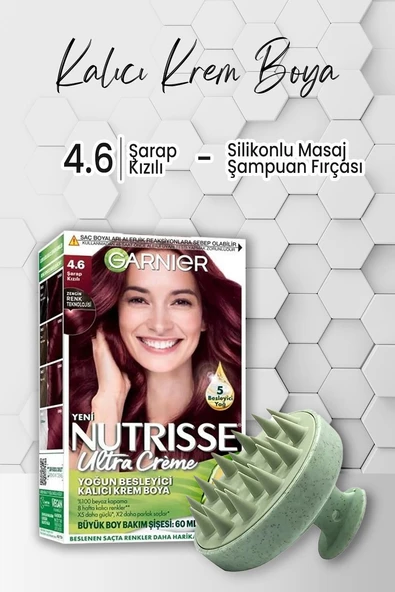 Garnier Nutrisse Kalıcı Krem Saç Boyası 4.6 Şarap Kızılı ve Şampuan Fırçası Yeşil