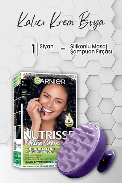 Garnier Nutrisse Yoğun Besleyici Krem Saç Boyası 1 Siyah ve Şampuan Fırçası Mor ürün görseli
